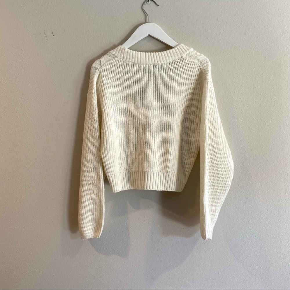 Cream Cropped Cable-Knit V-Neck Cardigan Sweater Size S neutral Cozycore - Picture 9 of 9